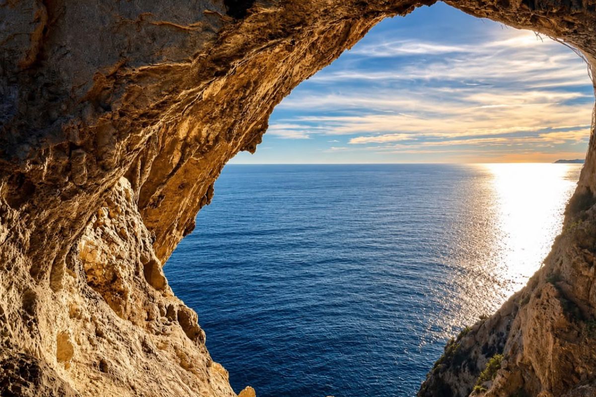 Vista sul mare dalla Grotta dei Falsari a Capo Noli tra Noli e Varigotti