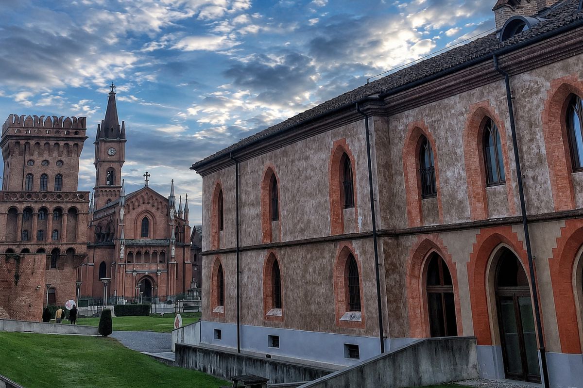 Borgo di Pollenzo a Bra con il castello neogotico, la Chiesa di San Vittore e l'Agenzia sabauda sullo sfondo di un cielo nuvoloso