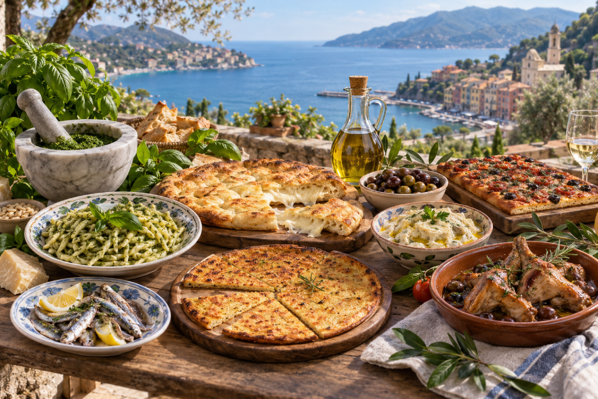 Cucina ligure tra Levante e Ponente con pesto, focaccia di Recco, olive taggiasche e piatti tipici