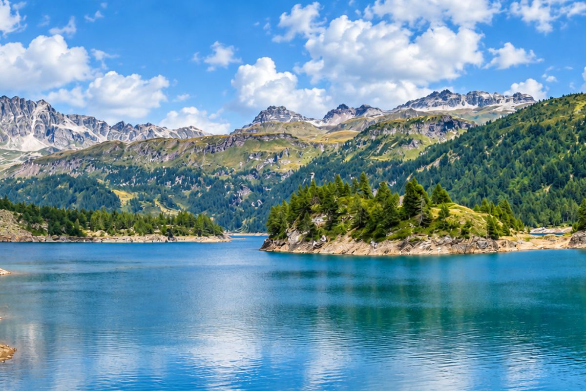 Lago di Codelago all'Alpe Devero circondato da larici e montagne