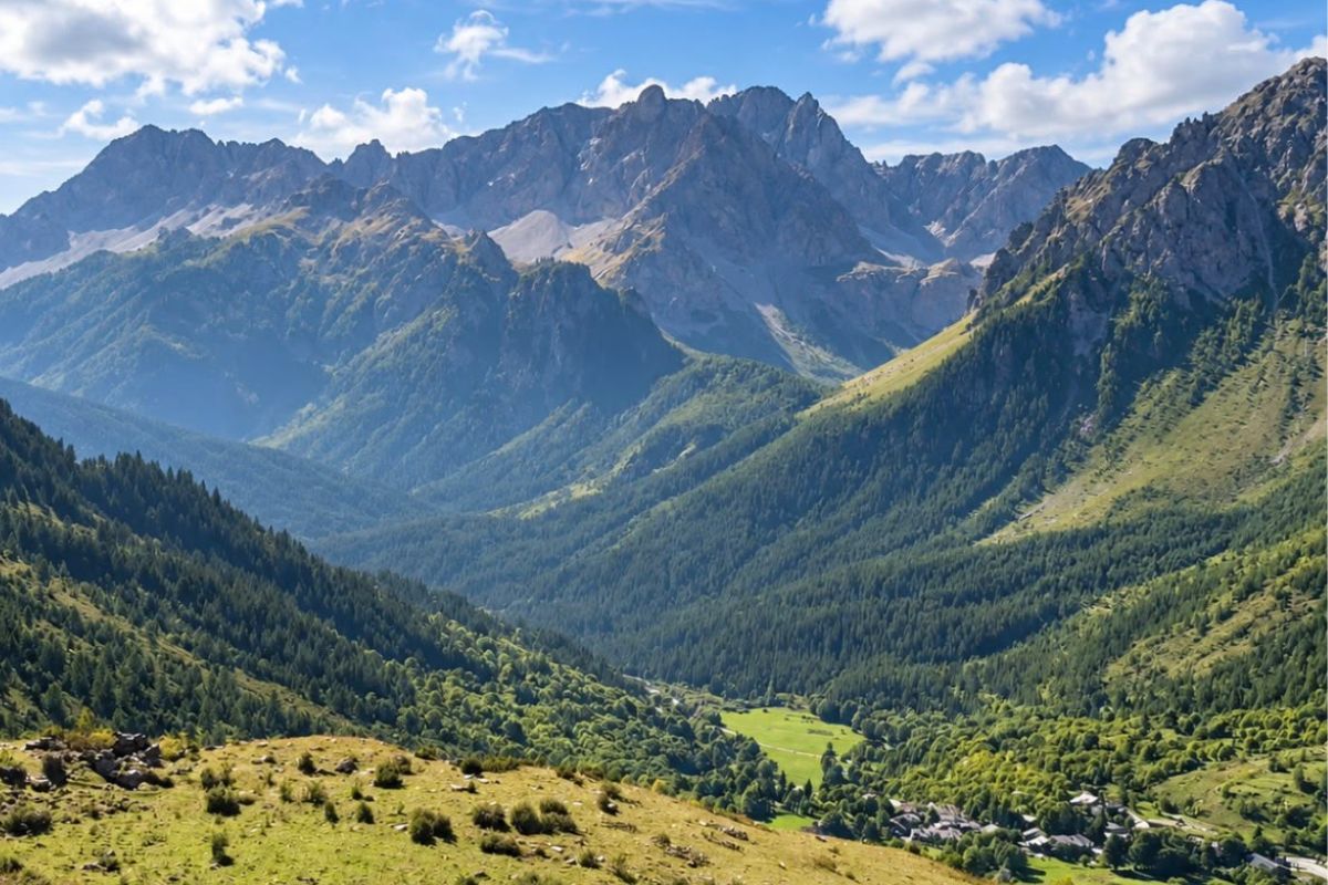 Panorama dell'Appennino Piemontese, tra colline boscose e crinali al confine con la Liguria