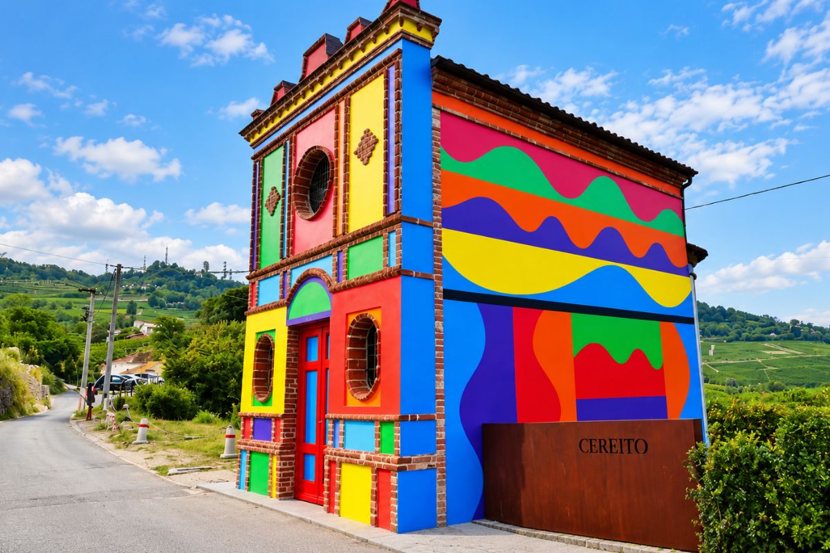 Cappella del Barolo dipinta da Sol LeWitt e David Tremlett tra le vigne delle Brunate a La Morra, lungo il Sentiero del Barolo