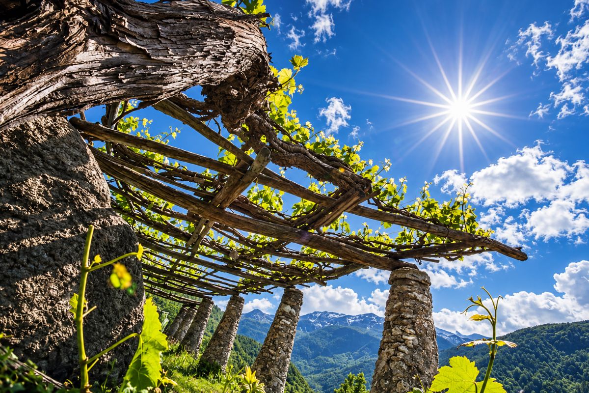 Carema DOC, vigneti terrazzati con pergole sostenute dai pilun di pietra nel Canavese