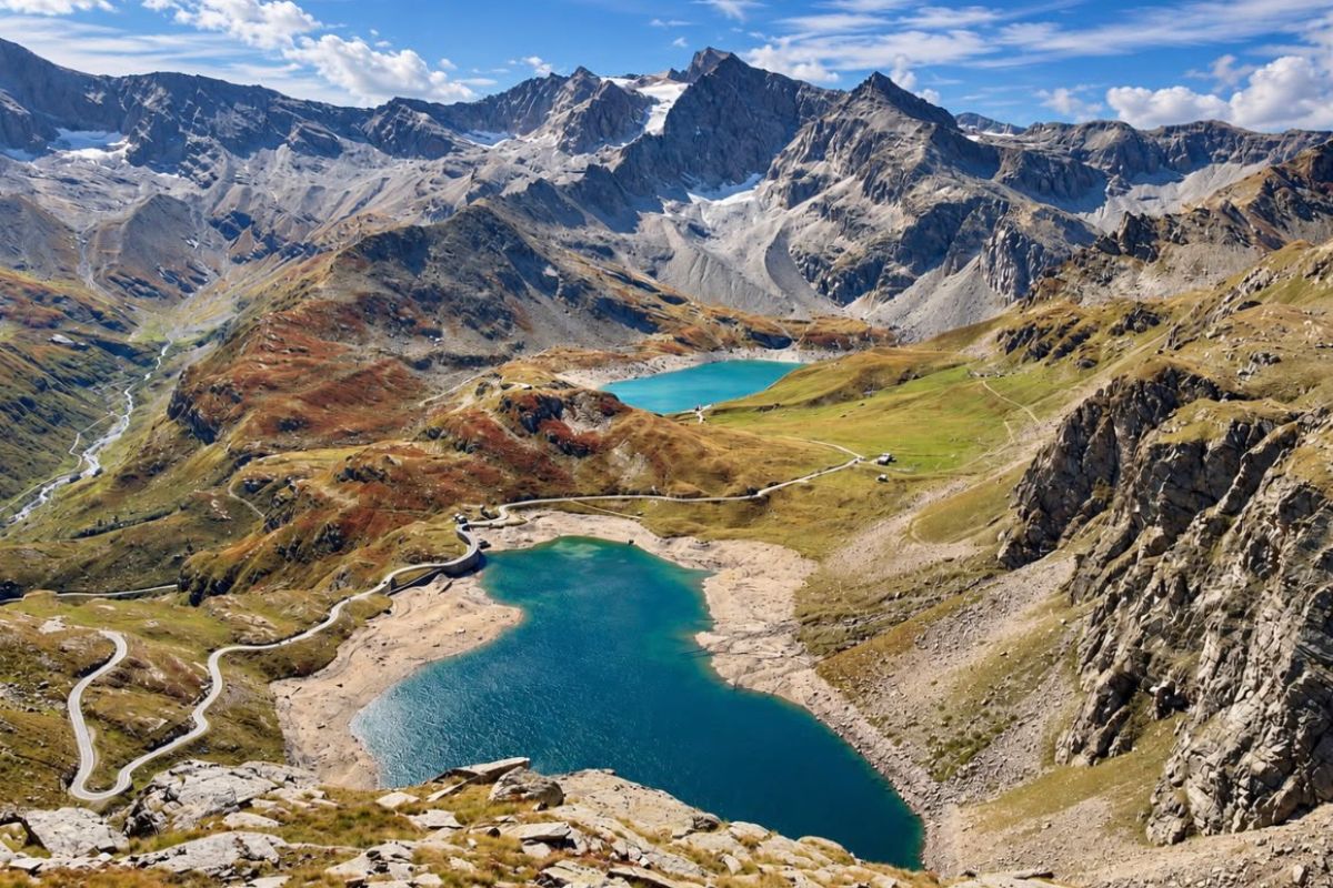 Strada del Colle del Nivolet tra i laghi Serrù e Agnel nel Parco Nazionale Gran Paradiso