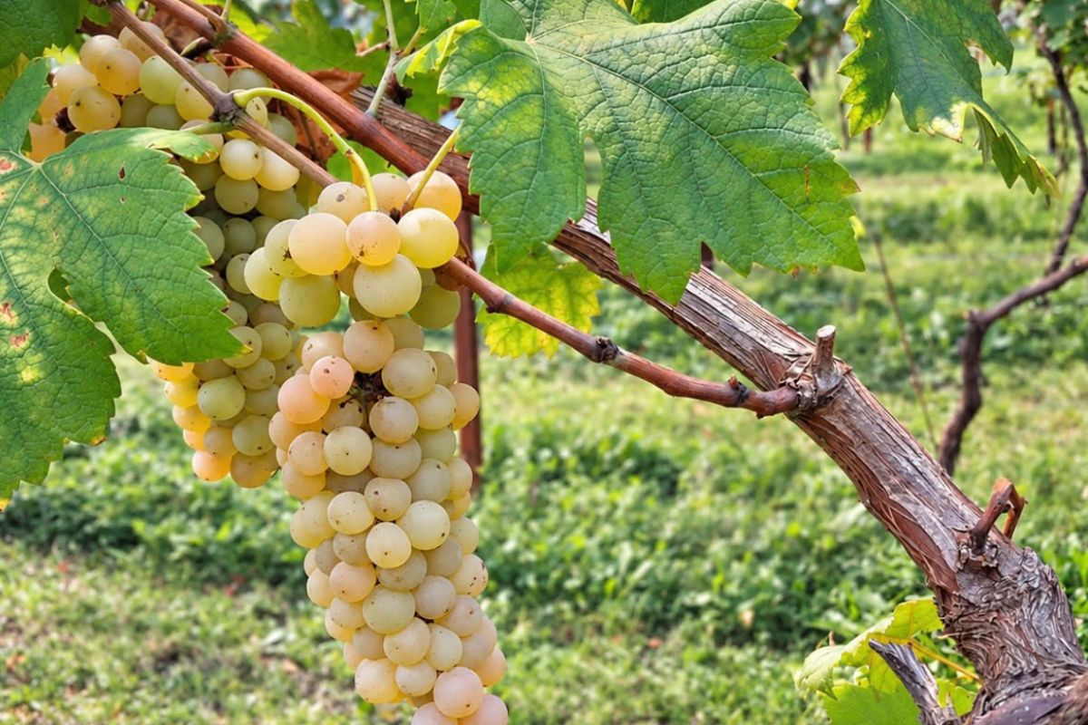 Erbaluce di Caluso, grappoli dorati di uva Erbaluce in un vigneto del Canavese