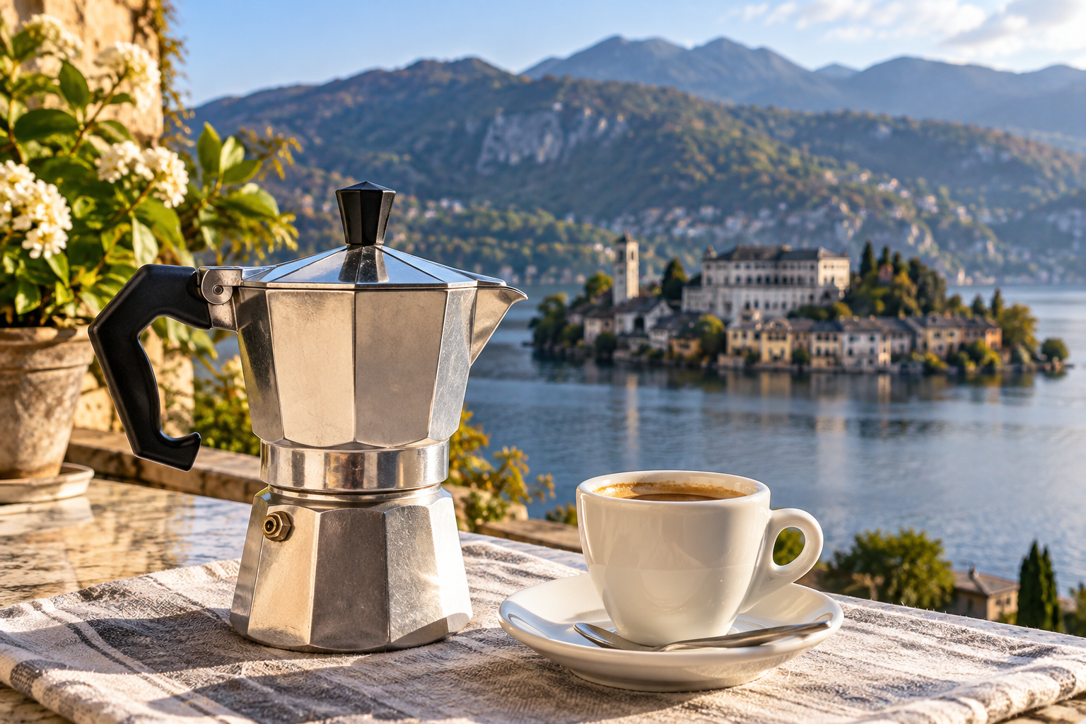 Moka Bialetti con tazzina di caffè e panorama ispirato al Lago d’Orta, in Piemonte, dove fu inventata nel 1933