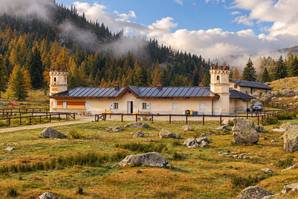 Pian del Valasco, il Rifugio Valasco con le torri merlate della casa di caccia reale nelle Alpi Marittime